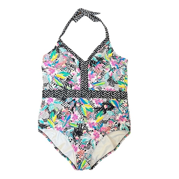 Lands’ End Women's Size 18 Perfect V Swimsuit One-Piece Tropical Floral Halter - Picture 2 of 11